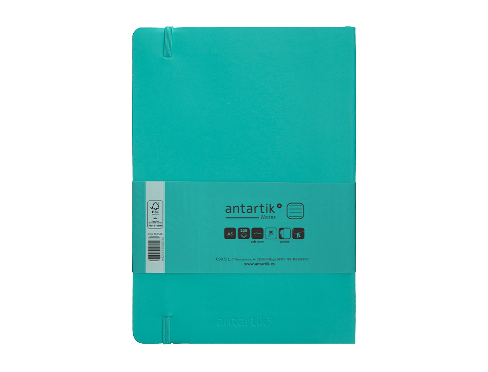 CUADERNO CON GOMILLA ANTARTIK NOTES TAPA BLANDA A5 HOJAS RAYAS TURQUESA 80 HOJAS 80 GR FSC