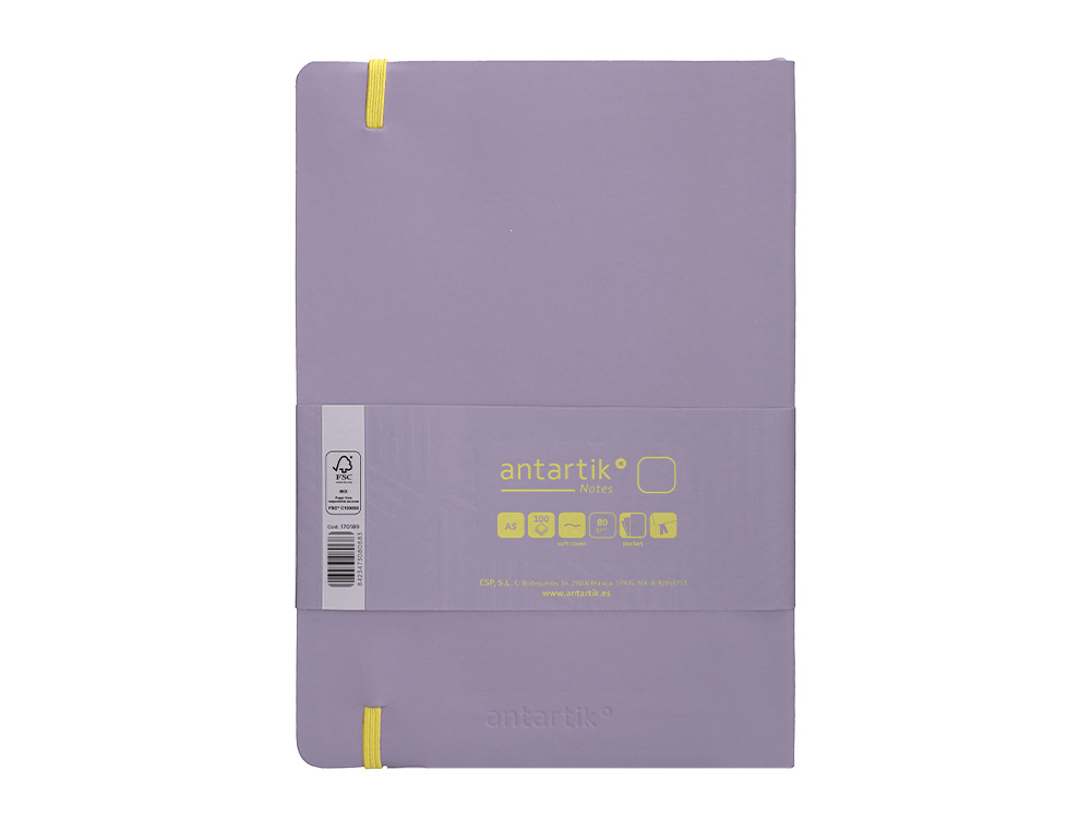 CUADERNO CON GOMILLA ANTARTIK NOTES TAPA BLANDA A5 HOJAS LISAS MORADO Y AMARILLO 80 HOJAS 80 GR FSC