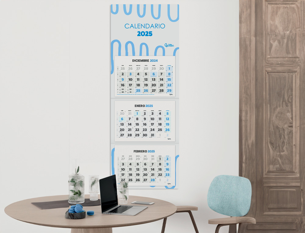 CALENDARIO PARED LIDERPAPEL 3 MESES VISTAS 2025 PLEGABLE 33X70 CM PAPEL 90 GR