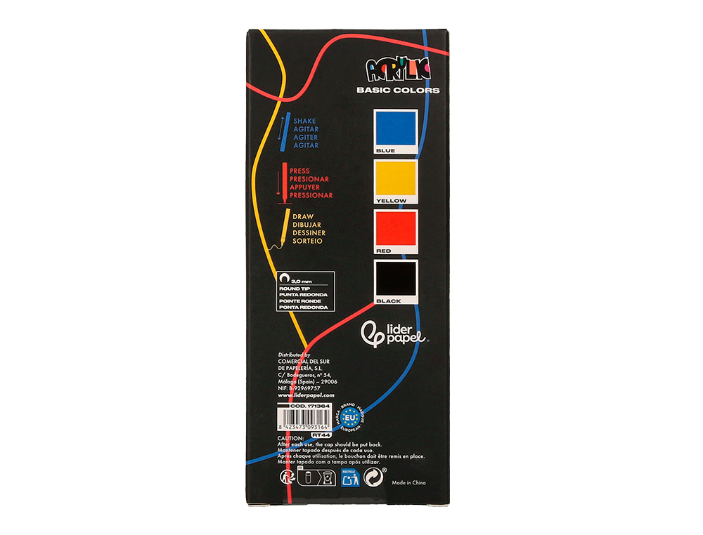 ROTULADOR LIDERPAPEL ACRYLIC BASE AGUA TODO TIPO DE SUPERFICIE PUNTA REDONDA 3 MM CAJA DE 4 UNIDADES COLORES BASICOS