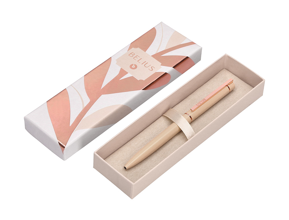 BOLIGRAFO BELIUS ROSE ALUMINIO COLOR BEIGE CLARO ORO ROSA TINTA AZUL CAJA DE DISEO