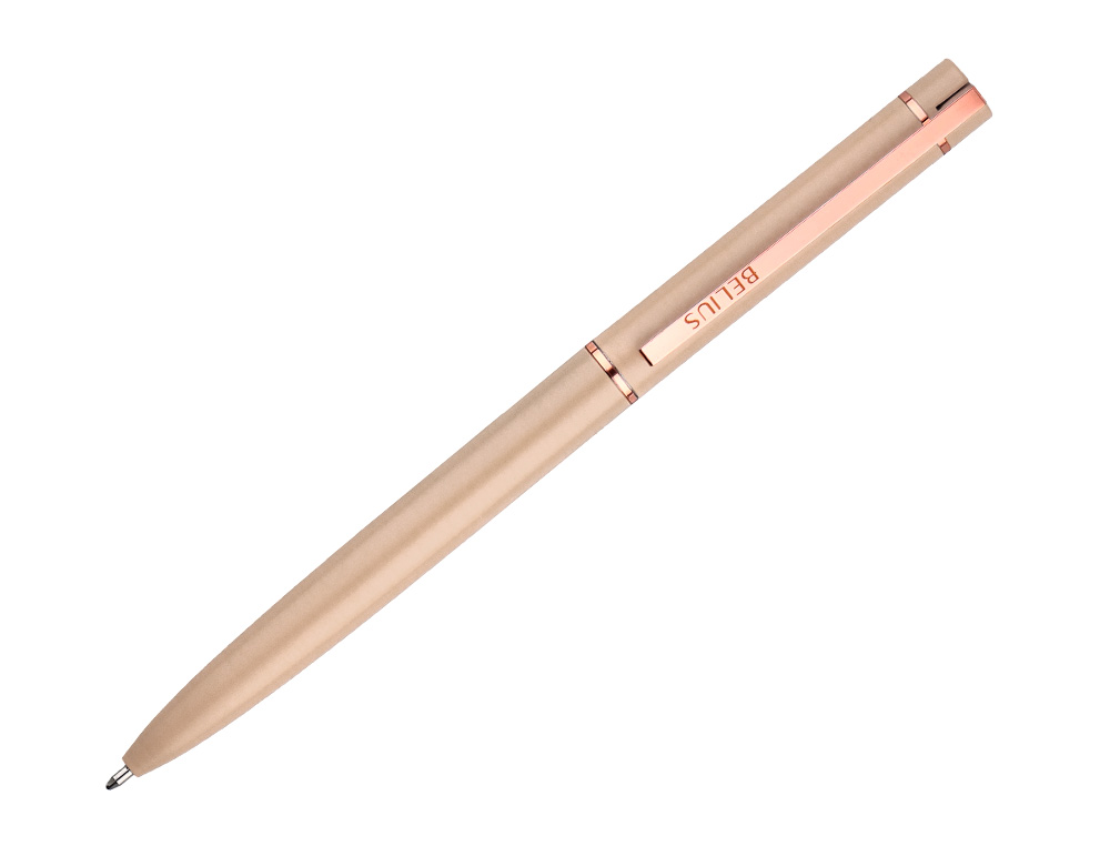 BOLIGRAFO BELIUS ROSE ALUMINIO COLOR BEIGE CLARO ORO ROSA TINTA AZUL CAJA DE DISEO