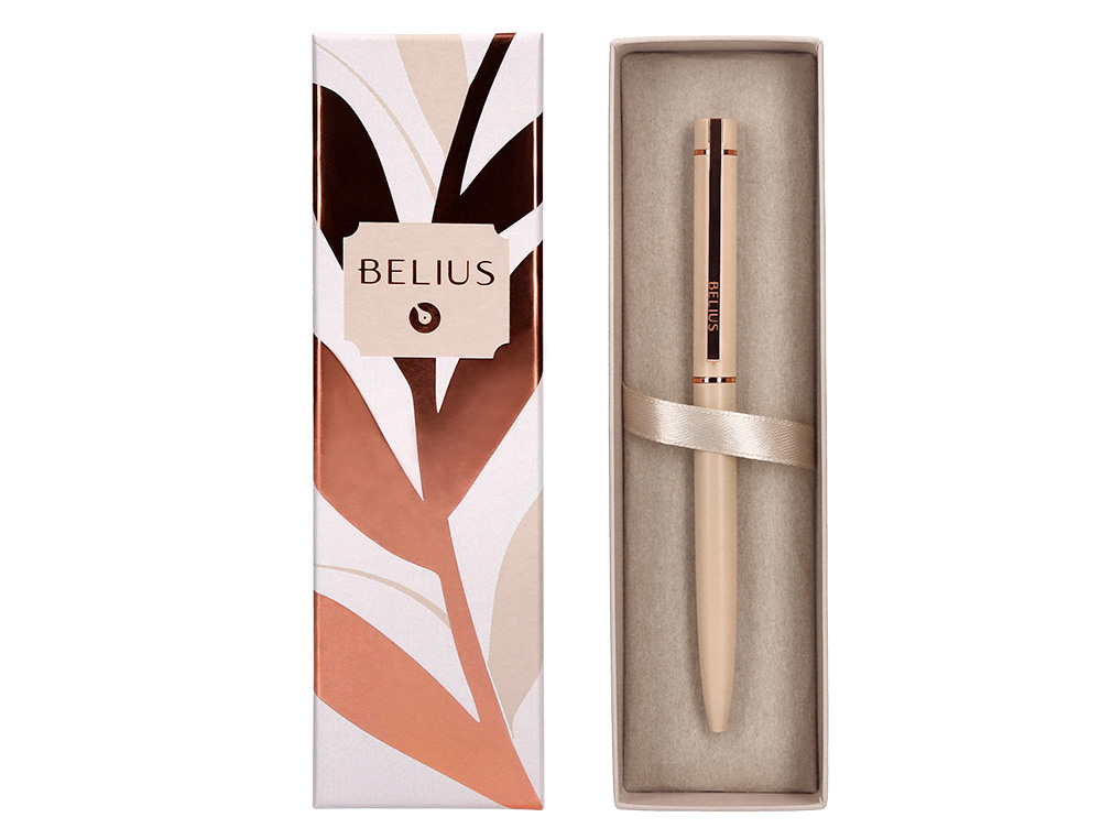 BOLIGRAFO BELIUS ROSE ALUMINIO COLOR BEIGE CLARO ORO ROSA TINTA AZUL CAJA DE DISEO