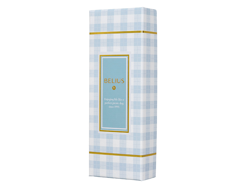 BOLIGRAFO BELIUS PERFECT PICNIC DAY ALUMINIO COLOR AZUL CELESTE DORADO TINTA AZULCAJA DE DISEÑO