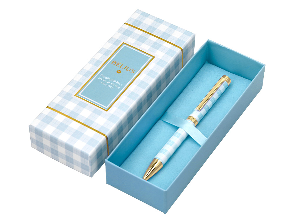 BOLIGRAFO BELIUS PERFECT PICNIC DAY ALUMINIO COLOR AZUL CELESTE DORADO TINTA AZULCAJA DE DISEÑO