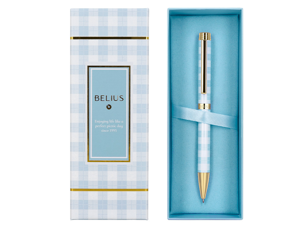 BOLIGRAFO BELIUS PERFECT PICNIC DAY ALUMINIO COLOR AZUL CELESTE DORADO TINTA AZULCAJA DE DISEÑO