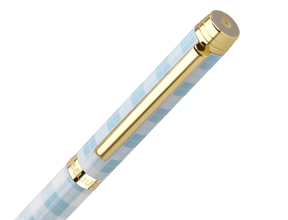 BOLIGRAFO BELIUS PERFECT PICNIC DAY ALUMINIO COLOR AZUL CELESTE DORADO TINTA AZULCAJA DE DISEÑO