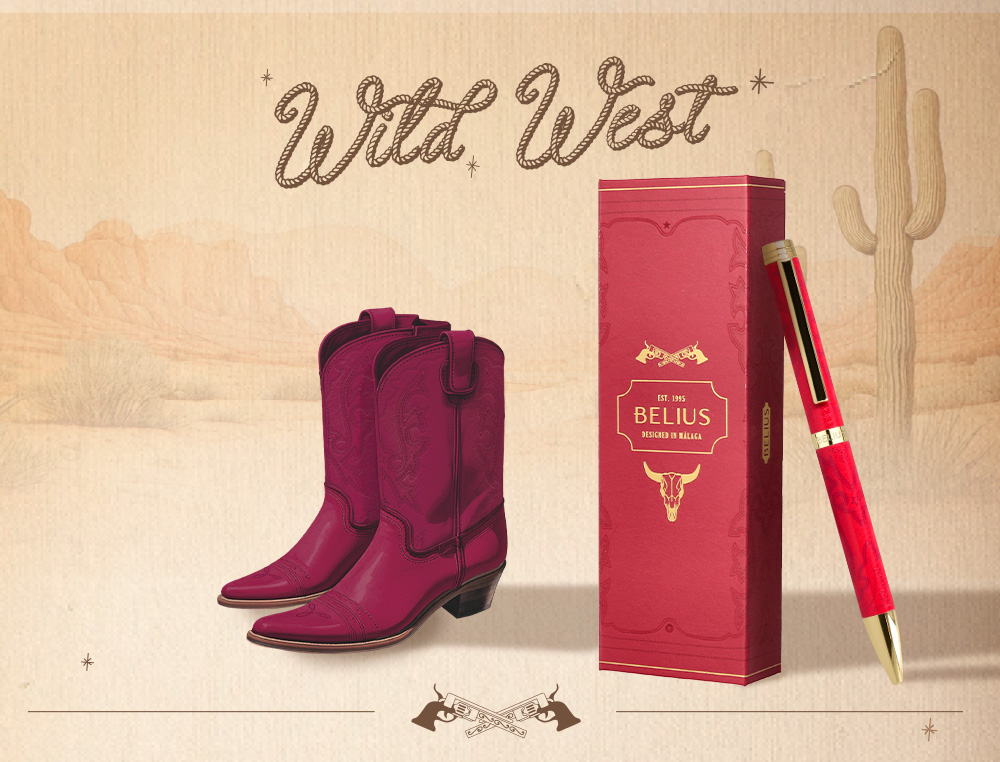 BOLIGRAFO BELIUS WILD WEST ALUMINIO COLOR GRANATE DORADO TINTA COLOR AZUL CAJA DE DISEÑO