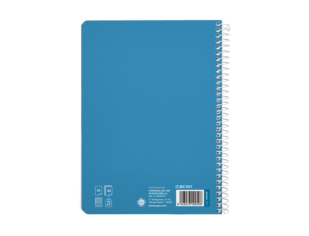 CUADERNO ESPIRAL LIDERPAPEL A5 PAUTAGUIA TAPA BLANDA 40H 75 GR CUADRO PAUTADO 2,5MM COLOR AZUL