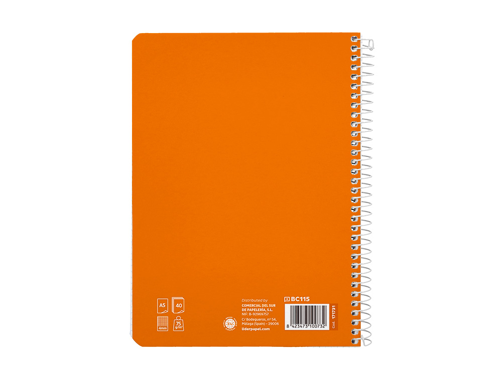 CUADERNO ESPIRAL LIDERPAPEL A5 PAUTAGUIA TAPA BLANDA 40H 75GR CUADRO PAUTADO 4MM COLOR NARANJA