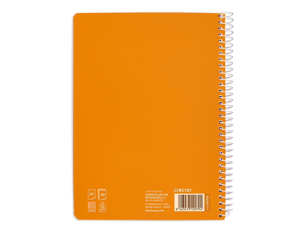 CUADERNO ESPIRAL LIDERPAPEL DIN A5 PAUTAGUIA TAPA BLANDA 40 H 75 GR CUADRO PAUTADO 5MM COLOR NARANJA