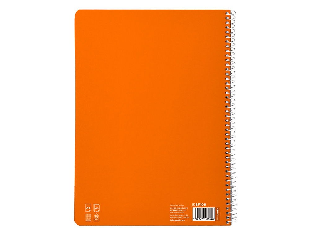 CUADERNO ESPIRAL LIDERPAPEL A4 PAUTAGUIA TAPA BLANDA 80H 75GR CUADRO PAUTADO 3MM COLOR NARANJA