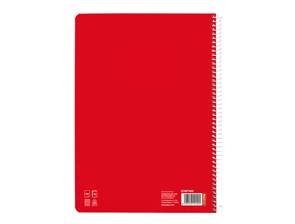 CUADERNO ESPIRAL LIDERPAPEL A4 PAUTAGUIA TAPA DURA 80H 90GR CUADRO PAUTADO 4MM COLOR ROJO