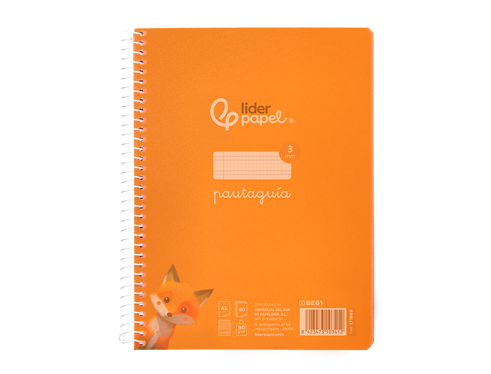 CUADERNO ESPIRAL LIDERPAPEL A5 PAUTAGUIA TAPA PLASTICO 80H 90GR CUADRO PAUTADO 3MM COLOR NARANJA