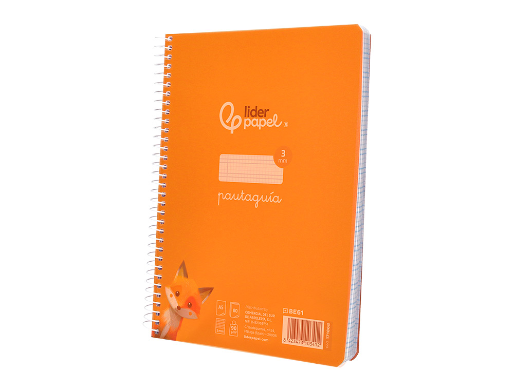 CUADERNO ESPIRAL LIDERPAPEL A5 PAUTAGUIA TAPA PLASTICO 80H 90GR CUADRO PAUTADO 3MM COLOR NARANJA