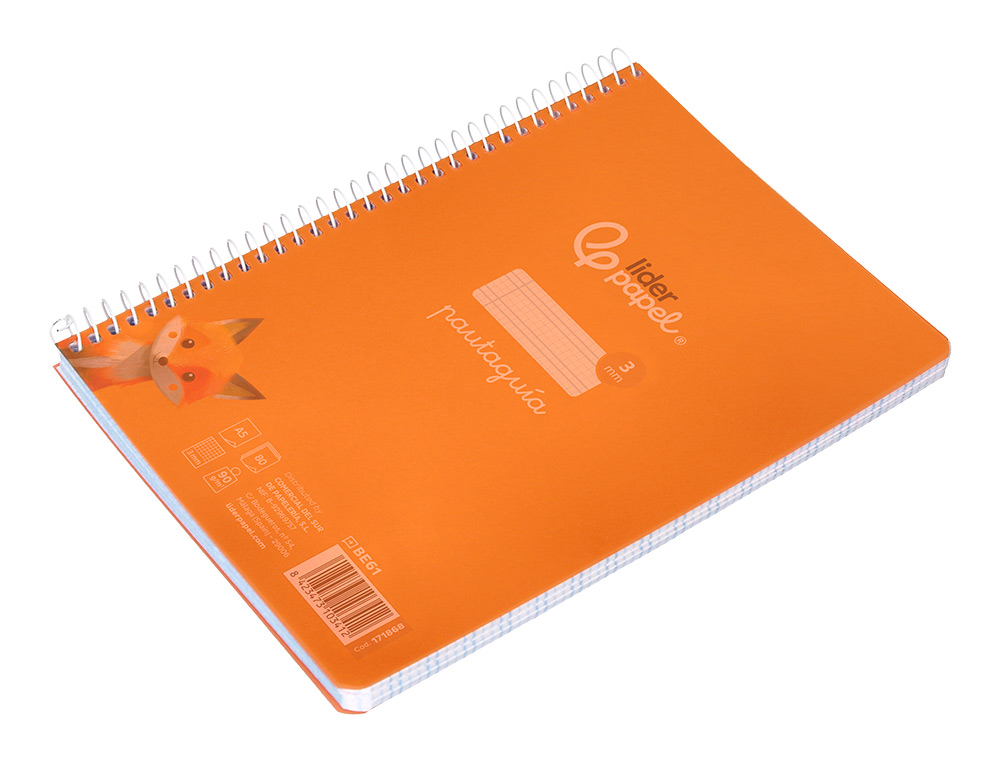 CUADERNO ESPIRAL LIDERPAPEL A5 PAUTAGUIA TAPA PLASTICO 80H 90GR CUADRO PAUTADO 3MM COLOR NARANJA