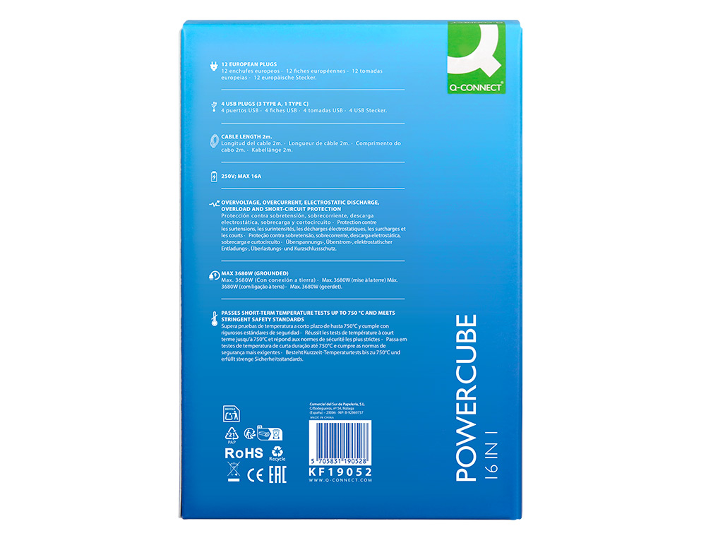 REGLETA Q-CONNECT ENCHUFE MULTIPLE 16 EN 1 CABLE 2 MT 12 TOMAS DE CORRIENTE+3 USB+1 USB TIPO C 120X120X210MM
