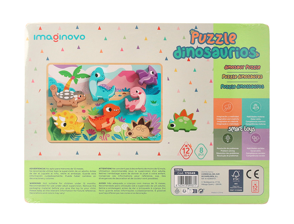 PUZLE INFANTIL IMAGINOVO MADERA 3D DINOSAURIOS +12 MESES 8 PIEZAS 29,5X22X1,7CM