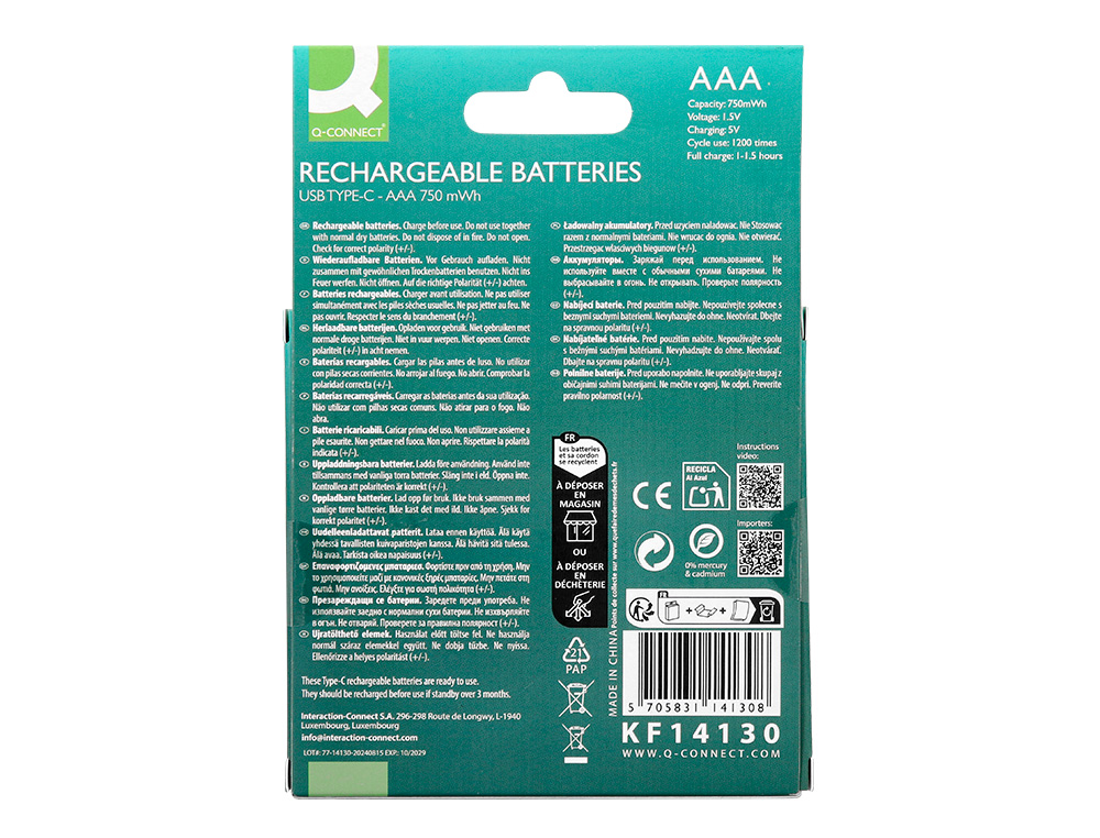 PILA Q-CONNECT AAA RECARGABLE POR USB-C BLISTER DE 4 UNIDADES