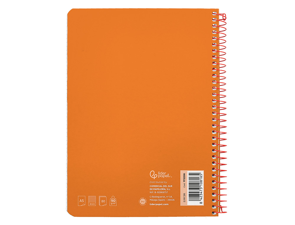 CUADERNO ESPIRAL LIDERPAPEL A5 WITTY TAPA DURA 80H 90GR CUADRO 4MM CON MARGEN COLOR NARANJA