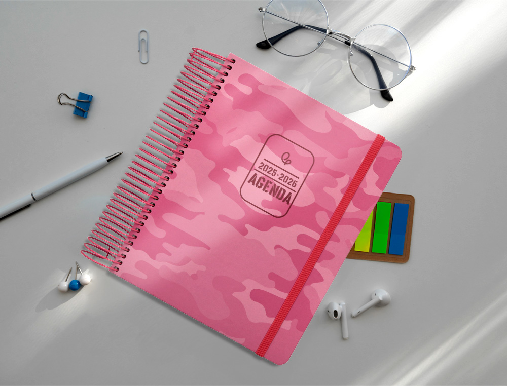 AGENDA ESCOLAR LIDERPAPEL 25-26 ESPIRAL PATTERNS MILITAR ROSA DIA PAGINA A5 BILINGE PAPEL FSC 80 GR