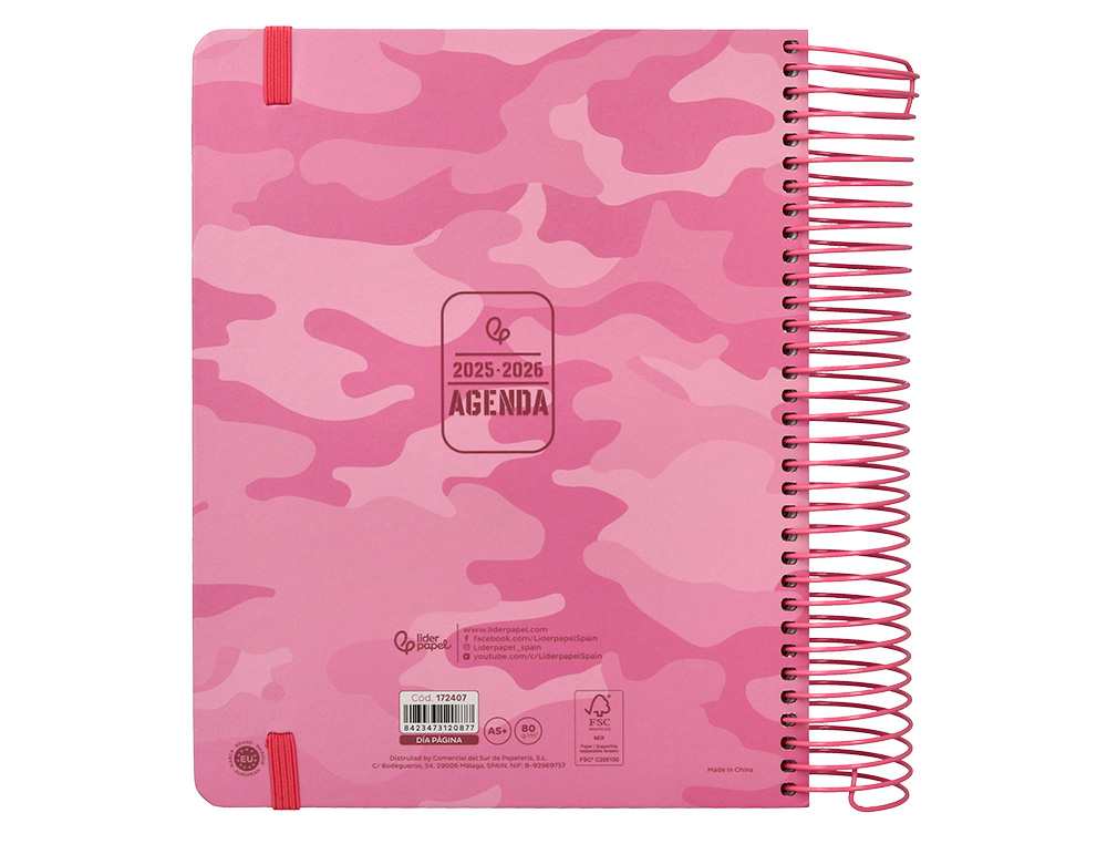 AGENDA ESCOLAR LIDERPAPEL 25-26 ESPIRAL PATTERNS MILITAR ROSA DIA PAGINA A5 BILINGE PAPEL FSC 80 GR