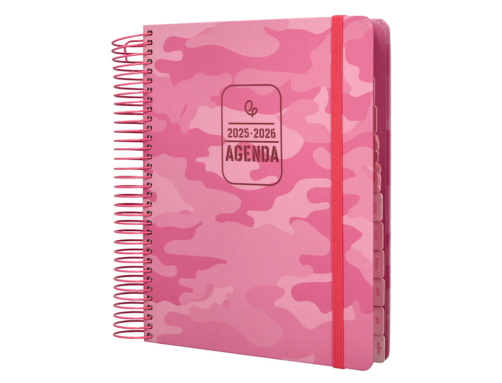 AGENDA ESCOLAR LIDERPAPEL 25-26 ESPIRAL PATTERNS MILITAR ROSA DIA PAGINA A5 BILINGE PAPEL FSC 80 GR