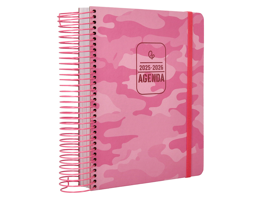 AGENDA ESCOLAR LIDERPAPEL 25-26 ESPIRAL PATTERNS MILITAR ROSA DIA PAGINA A5 BILINGE PAPEL FSC 80 GR