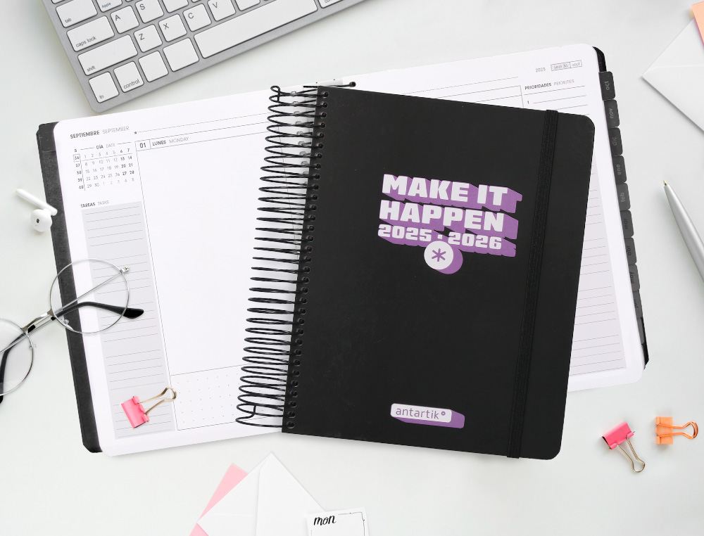 AGENDA ESCOLAR ANTARTIK 25-26 ESPIRAL NEON NEGRO DIA PAGINA A5 BILINGE PAPEL FSC 80 GR