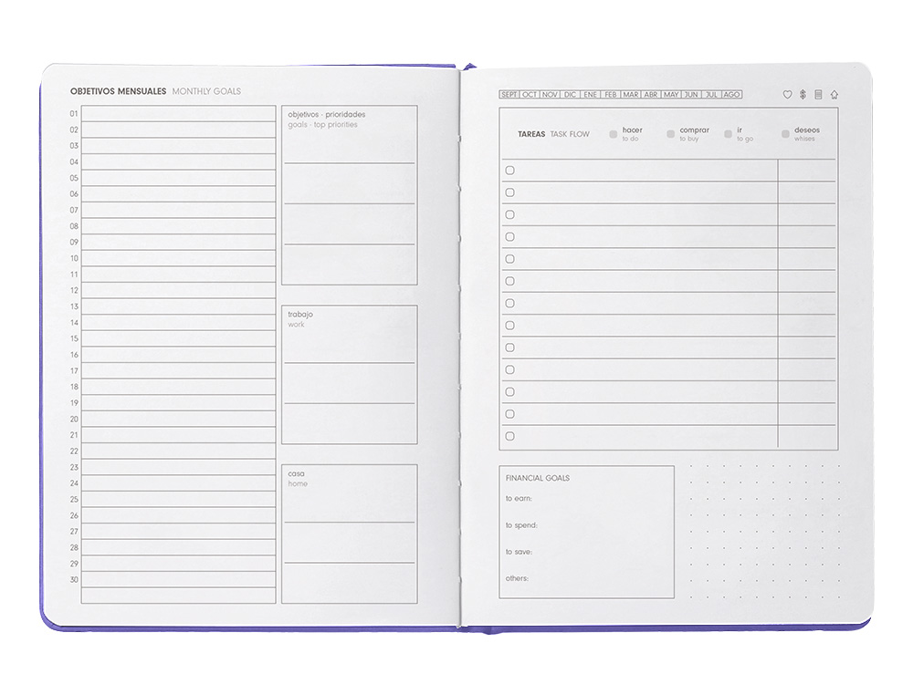 AGENDA ESCOLAR ANTARTIK 25-26 ENCUADERNADA GO! SIMIL PIEL MORADO SEMANA VISTA A5 BILINGÜE PAPEL FSC 80 GR