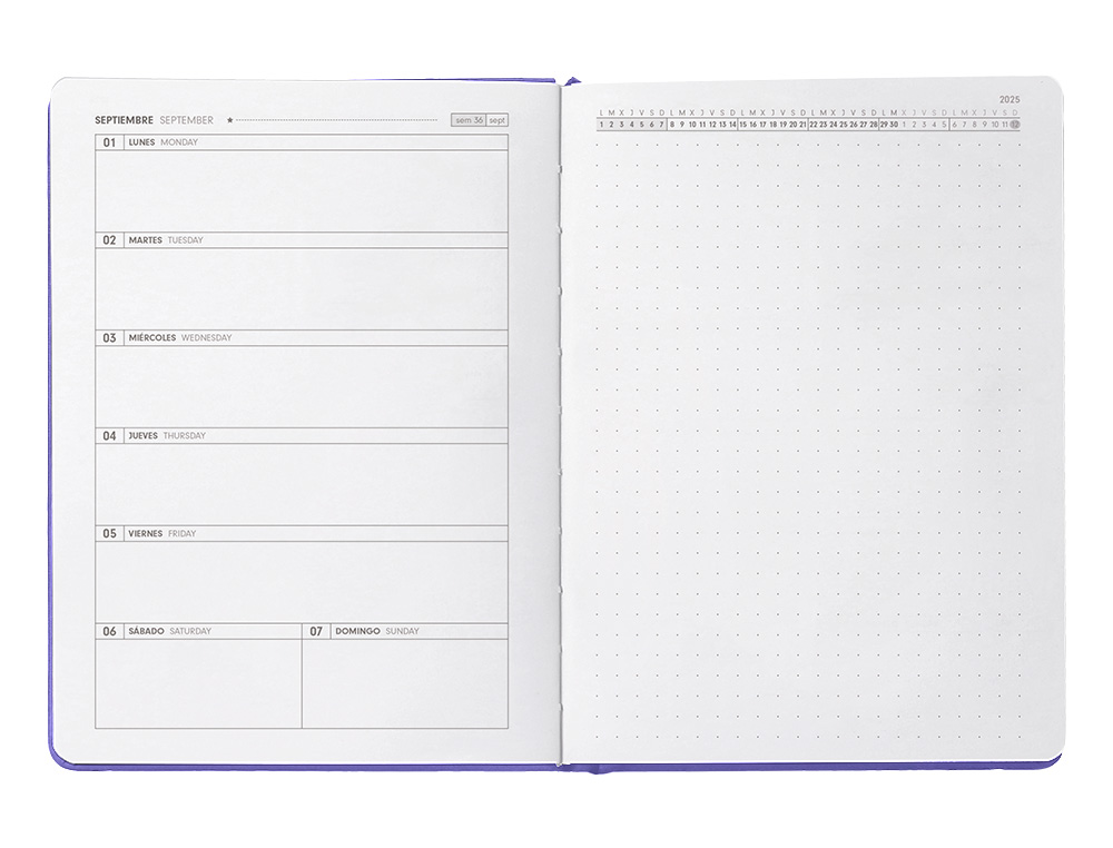 AGENDA ESCOLAR ANTARTIK 25-26 ENCUADERNADA GO! SIMIL PIEL MORADO SEMANA VISTA A5 BILINGÜE PAPEL FSC 80 GR
