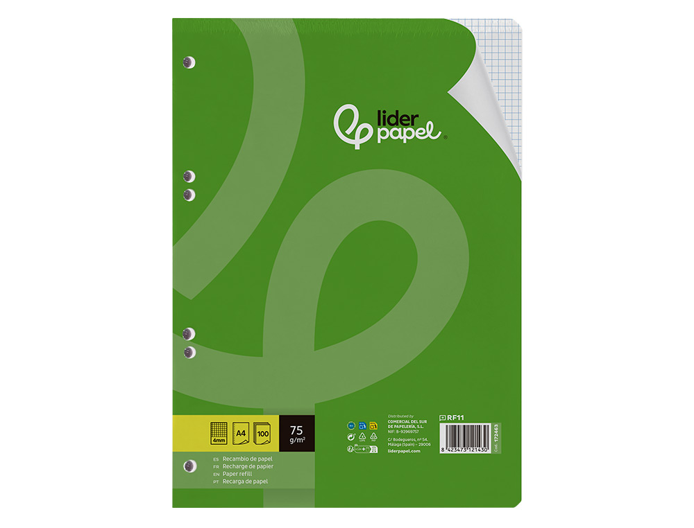 RECAMBIO LIDERPAPEL A4 100 HOJAS 75GR CUADRO 4MM CON MARGEN 16 TALADROS