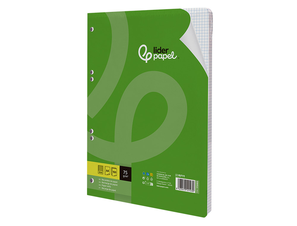 RECAMBIO LIDERPAPEL A4 100 HOJAS 75GR CUADRO 4MM CON MARGEN 16 TALADROS