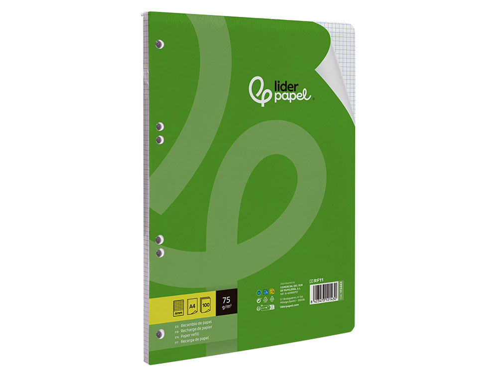 RECAMBIO LIDERPAPEL A4 100 HOJAS 75GR CUADRO 4MM CON MARGEN 16 TALADROS