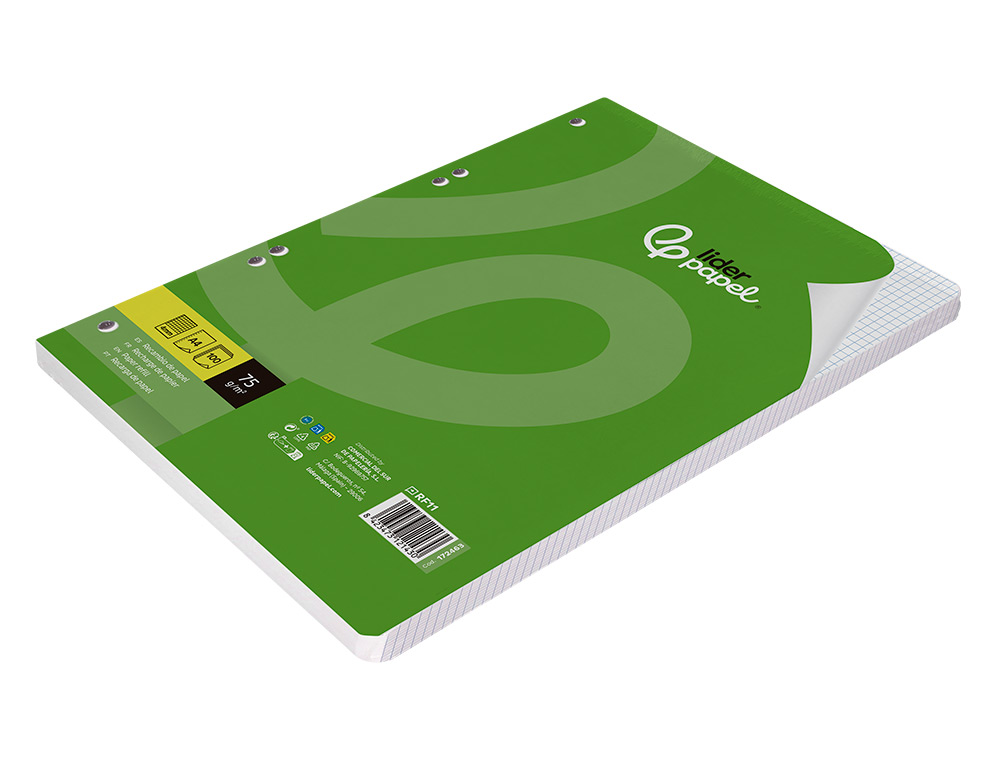 RECAMBIO LIDERPAPEL A4 100 HOJAS 75GR CUADRO 4MM CON MARGEN 16 TALADROS