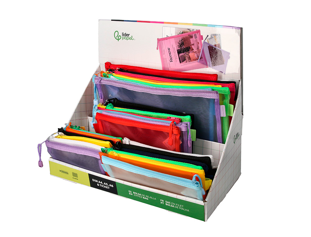 BOLSA ZIPPER BAG LIDERPAPEL POLIESTER TRANSPIRABLE MULTIUSOS EXPOSITOR DE 40 UNIDADES TAMAOS Y COLORES
