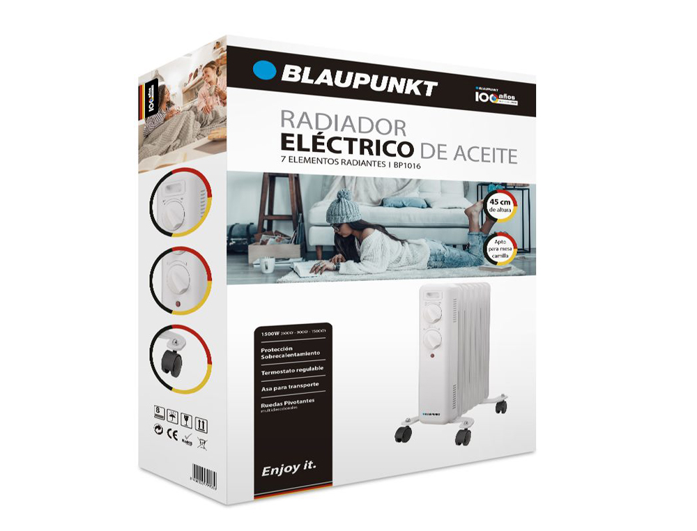 RADIADOR DE ACEITE BLAUPUNKT 1500W 7 ELEMENTOS CALORIFICOS PROTECCION SOBRECALENTAMIENTO CON RUEDAS COLOR BLANCO