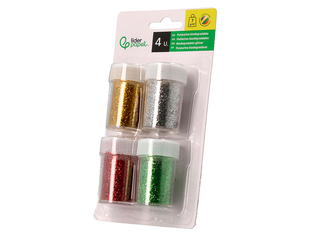 PURPURINA LIDERPAPEL BIODEGRADABLE FANTASIA BOTE 7 GR COLORES METALICOS SURTIDOS BLISTER DE 4 UNIDADES