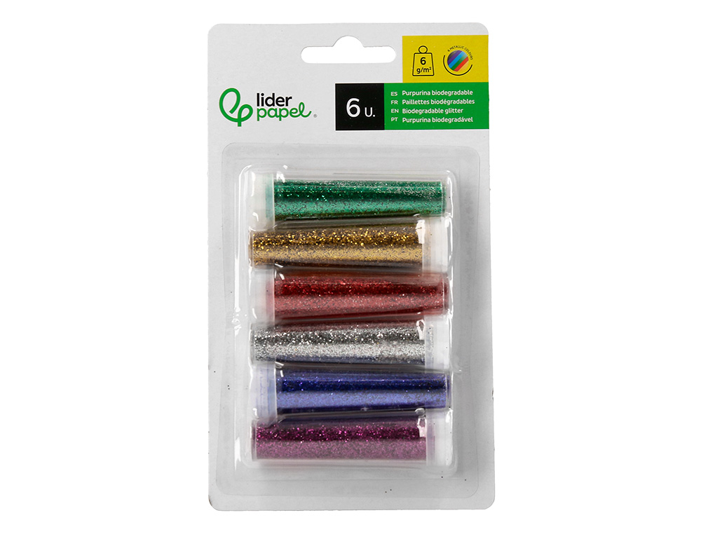 PURPURINA LIDERPAPEL BIODEGRADABLE FANTASIA BOTE 6 GR COLORES METALICOS SURTIDOS BLISTER DE 6 UNIDADES