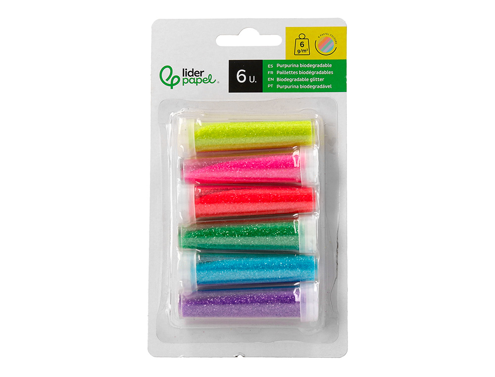 PURPURINA LIDERPAPEL BIODEGRADABLE FANTASIA BOTE 6 GR COLORES METALICOS PASTEL SURTIDOS BLISTER DE 6 UNIDADES