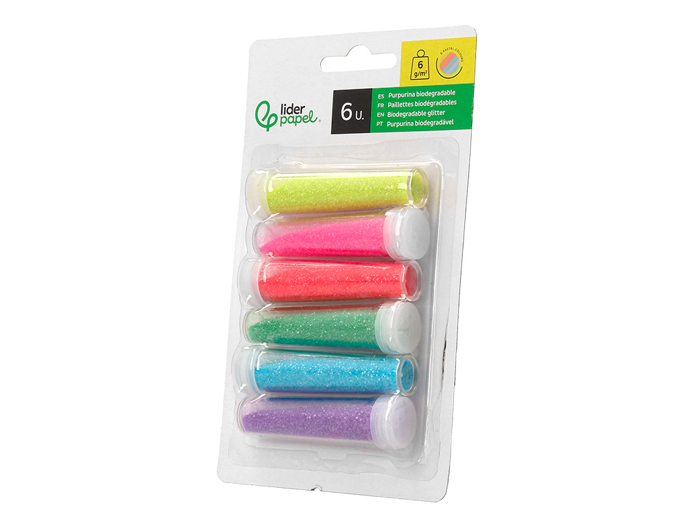 PURPURINA LIDERPAPEL BIODEGRADABLE FANTASIA BOTE 6 GR COLORES METALICOS PASTEL SURTIDOS BLISTER DE 6 UNIDADES