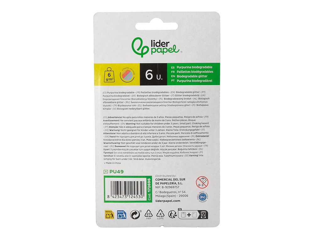 PURPURINA LIDERPAPEL BIODEGRADABLE FANTASIA BOTE 6 GR COLORES METALICOS PASTEL SURTIDOS BLISTER DE 6 UNIDADES