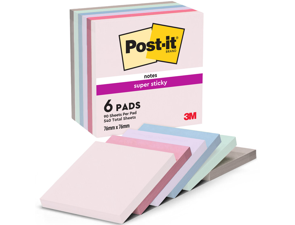 BLOC DE NOTAS ADHESIVAS QUITA Y PON POST IT SUPER STICKY SOULFUL 100% PEFC 76X76 MM PACK DE 6 BLOCS COLORES