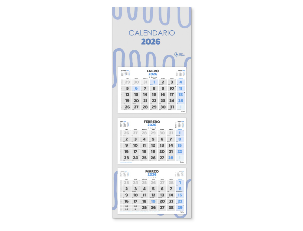 CALENDARIO PARED LIDERPAPEL 3 MESES VISTAS 2026 PLEGABLE 33X70 CM PAPEL 90 GR