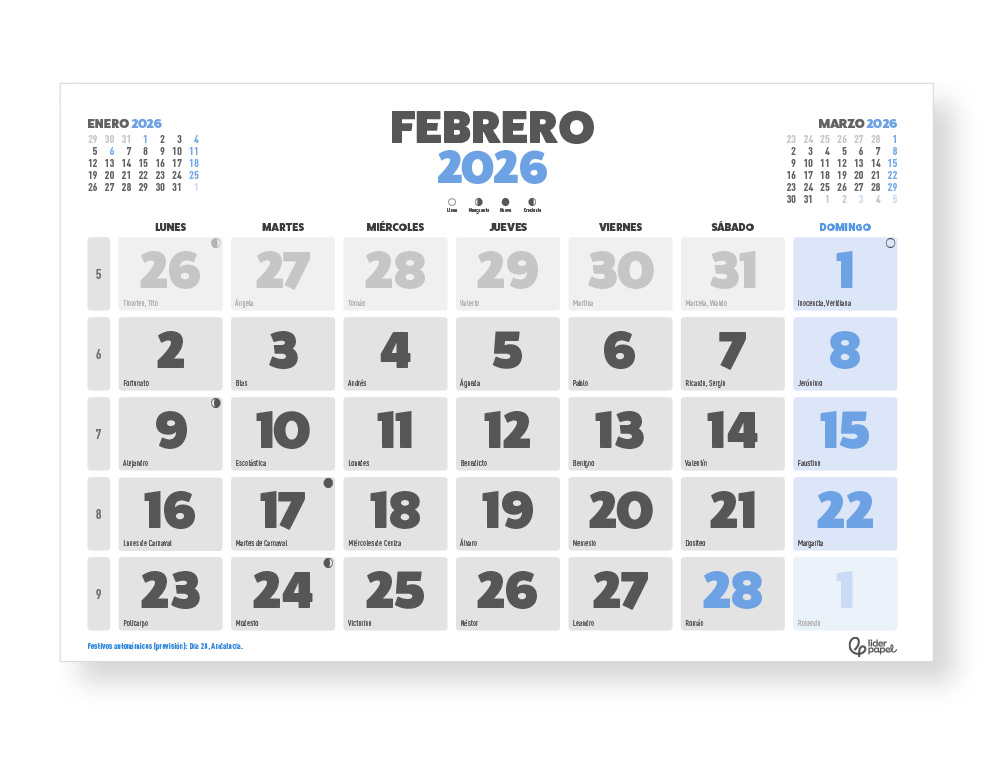 CALENDARIO PARED LIDERPAPEL CLASICO 2026 LOMO ENGOMADO 60X40 CM PAPEL 105 GR