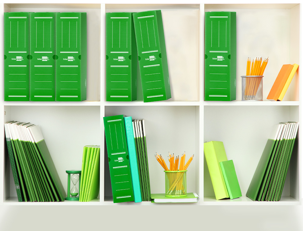 CAJA ARCHIVO DEFINITIVO PLASTICO LIDERPAPEL LOMO 100 MM VERDE 360X100X260 MM
