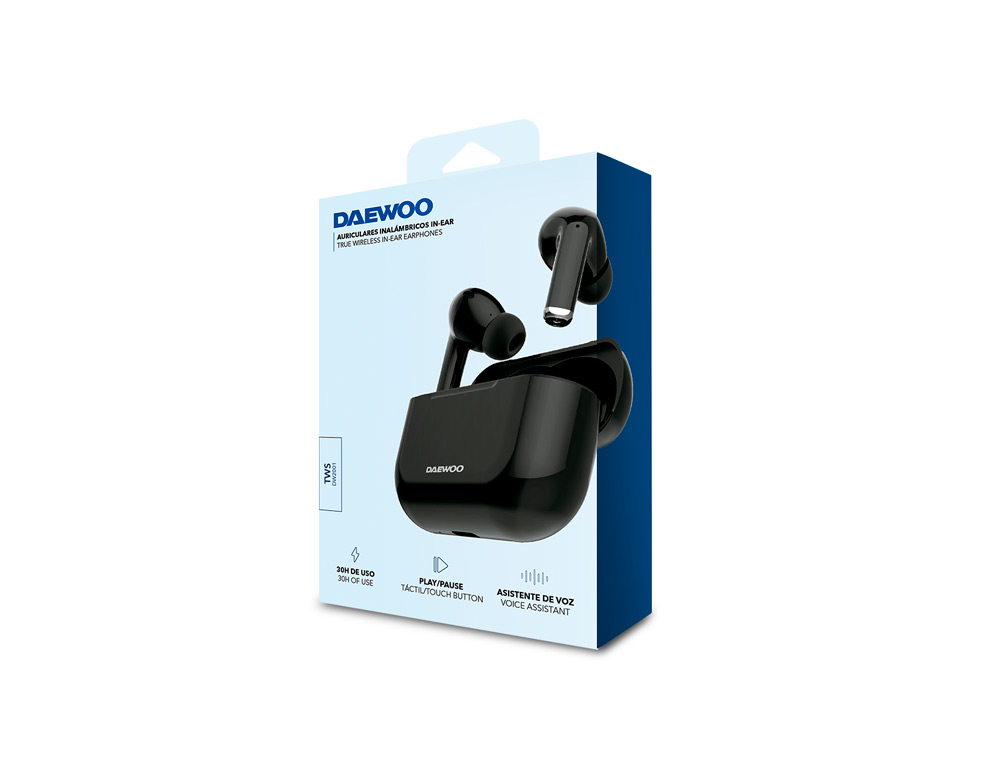 AURICULAR DAEWOO TWS BLUETOOTH 5.3 USB TIPO-C CON ESTUCHE DE CARGA 500MAH COLOR NEGRO