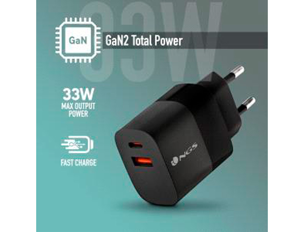 CARGADOR GAN NGS DE PARED ULTRARAPIDO PARA PORTATIL DE 33W CON 2 PUERTOS USB-C + USB-A