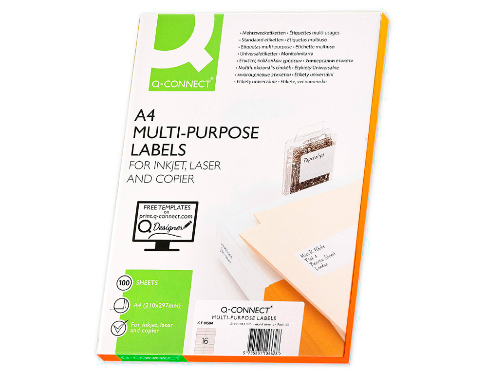 ETIQUETA ADHESIVA Q-CONNECT KF01584 TAMAO 99,1X33,9 MM FOTOCOPIADORA LASER INK-JET CAJA CON 100 HOJAS DIN A4