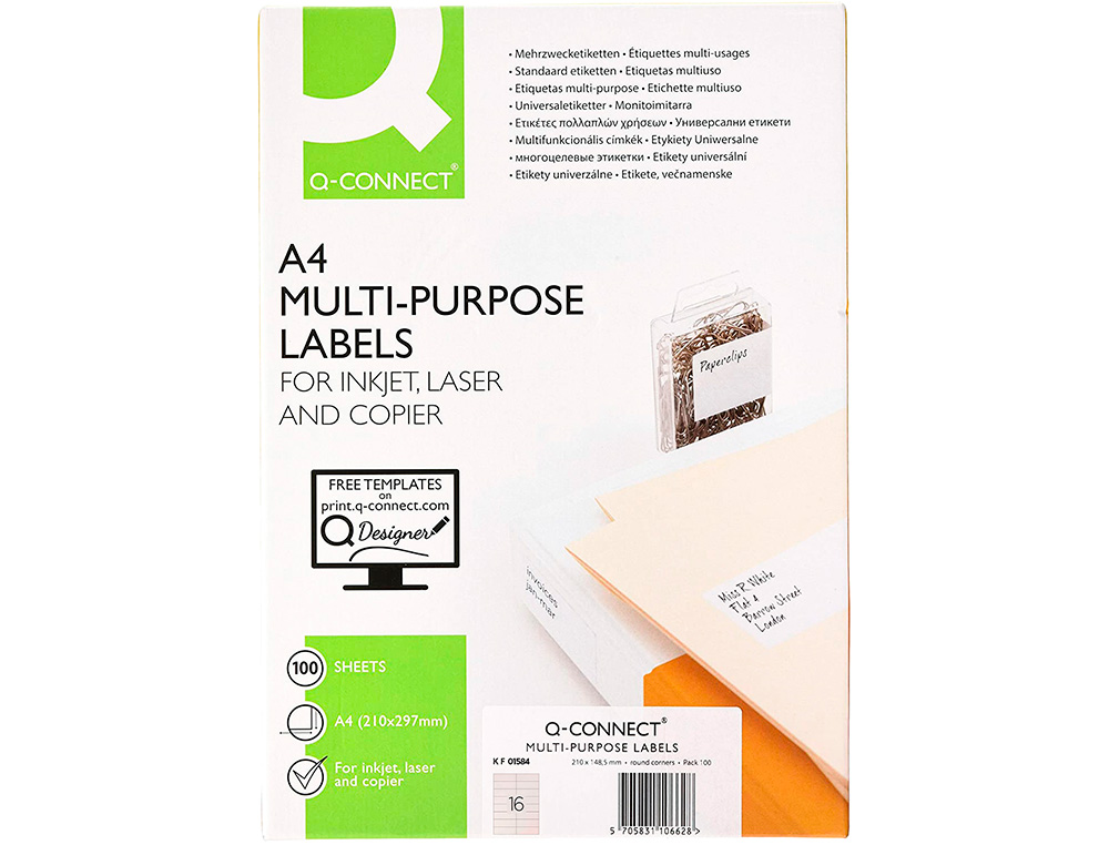 ETIQUETA ADHESIVA Q-CONNECT KF01584 TAMAO 99,1X33,9 MM FOTOCOPIADORA LASER INK-JET CAJA CON 100 HOJAS DIN A4